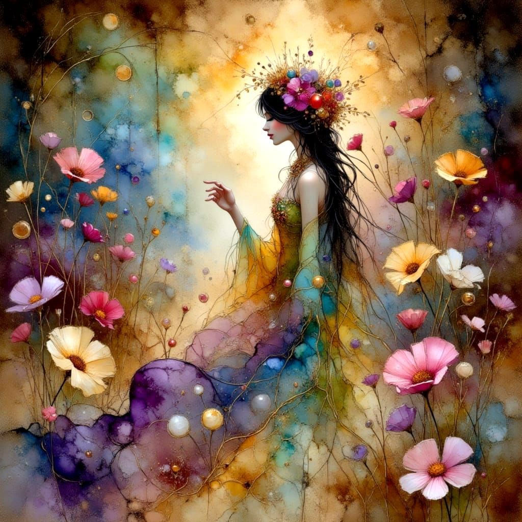 Dreamy Art Nouveau Scene with Lady of the Lake and Iridescen...