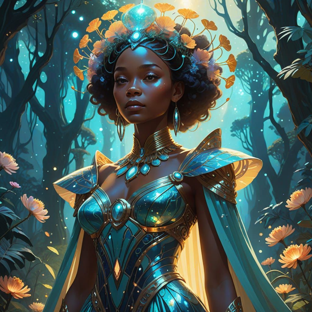 Regal African Queen in Bioluminescent Forest