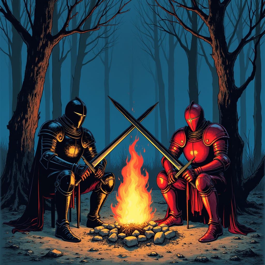 Dark Fantasy Knights Clash in Dead Forest Campfire Scene
