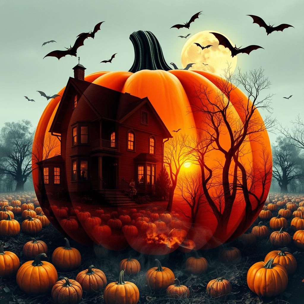 Spooky Pumpkin Patch in Double Exposure Style