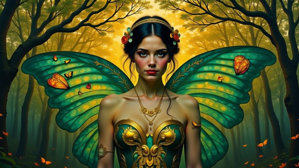 Golden Nymph in Art Nouveau Forest