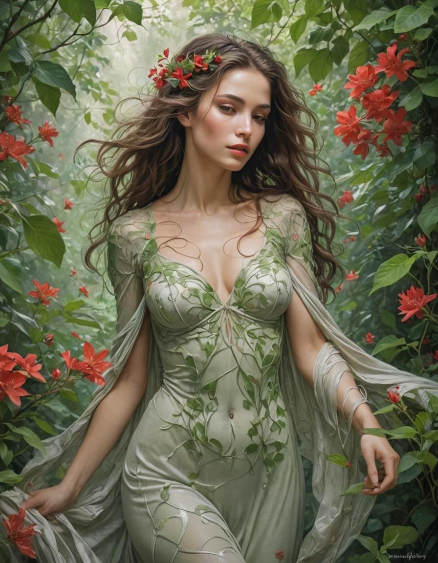 Lady with Red Flowers in Comic Book Style