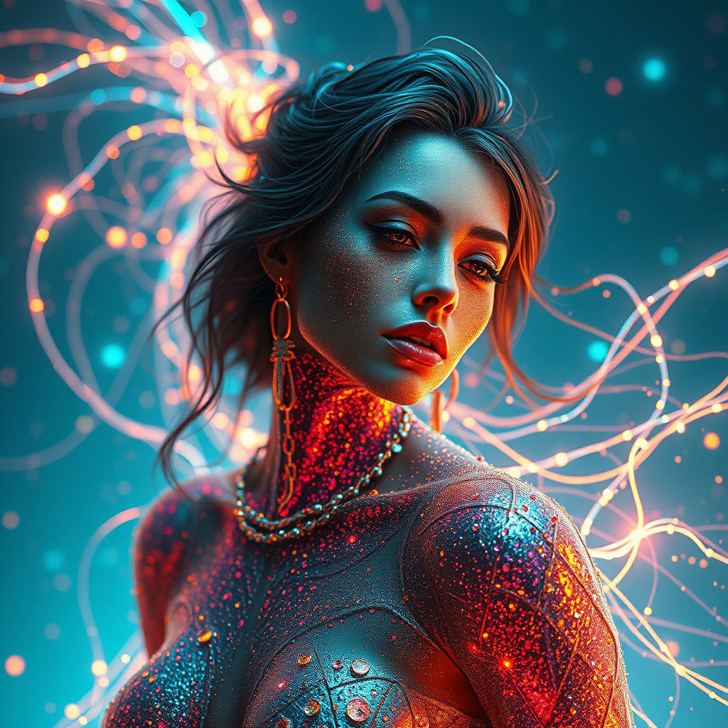 Glittering Celestial Woman in Futuristic Art Nouveau Style