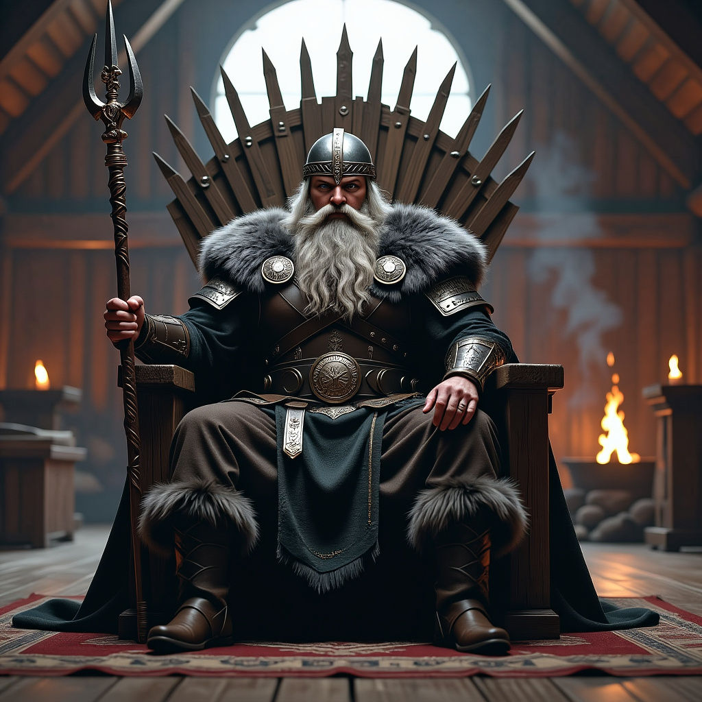 Odin on Sword Throne in a Photorealistic Viking Scene