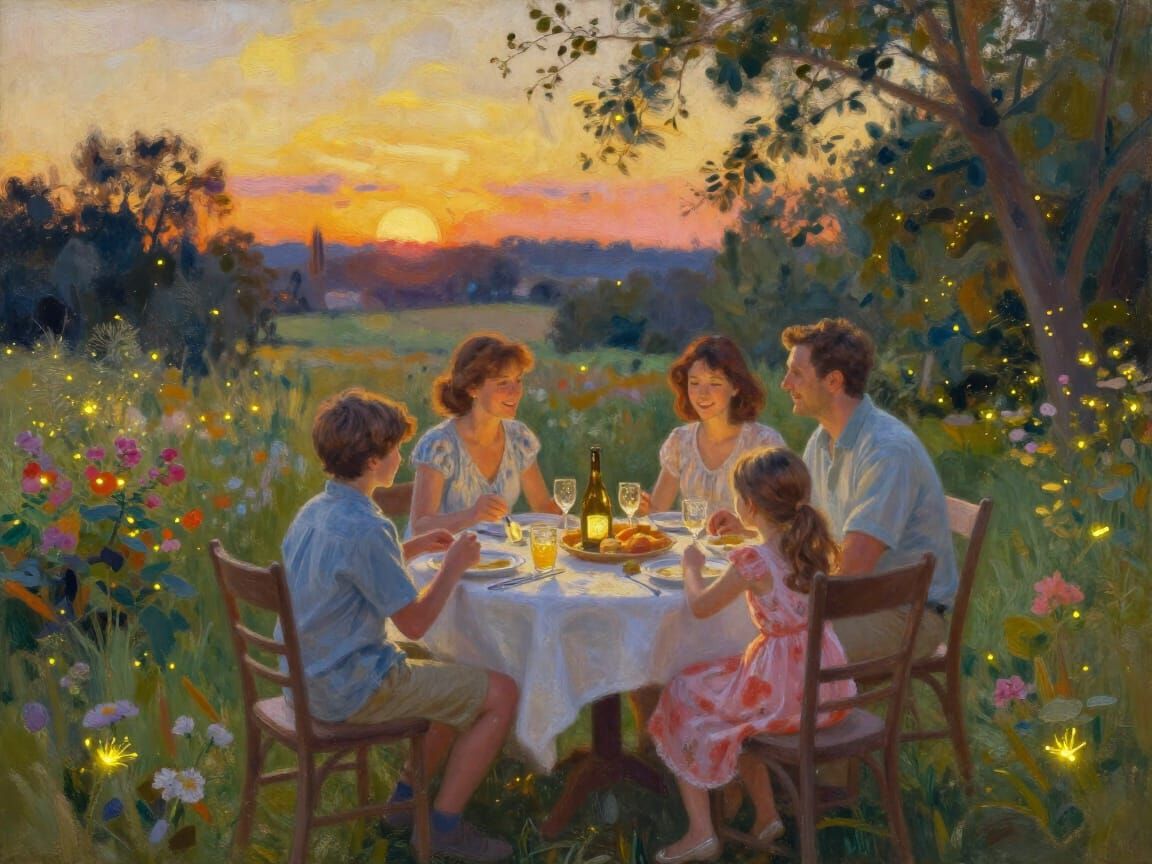 Cozy Family Dinner at Sunset in Warm Impressionistic Style