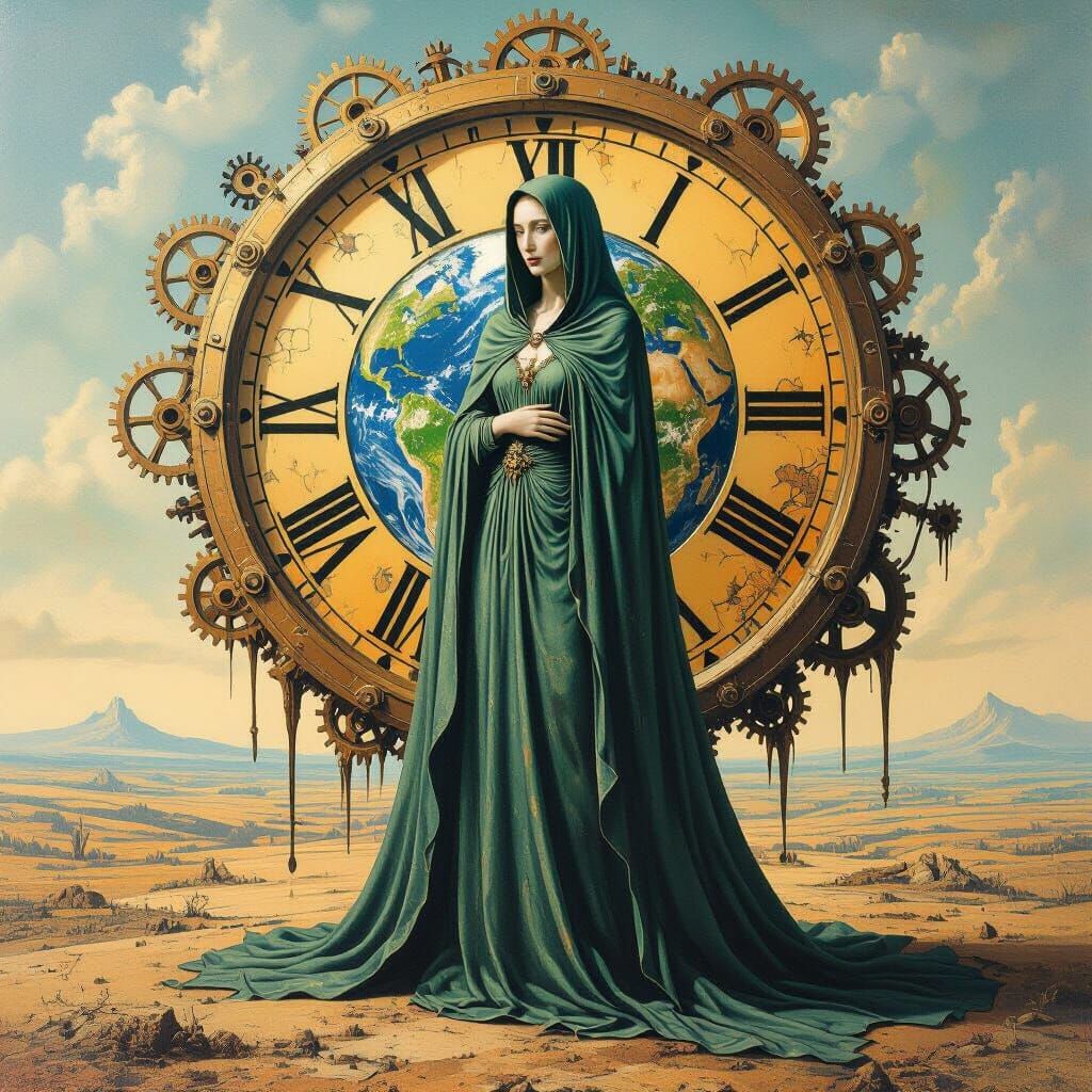 Mother Earth in Dreamlike Landscape with Clockwork Machinery