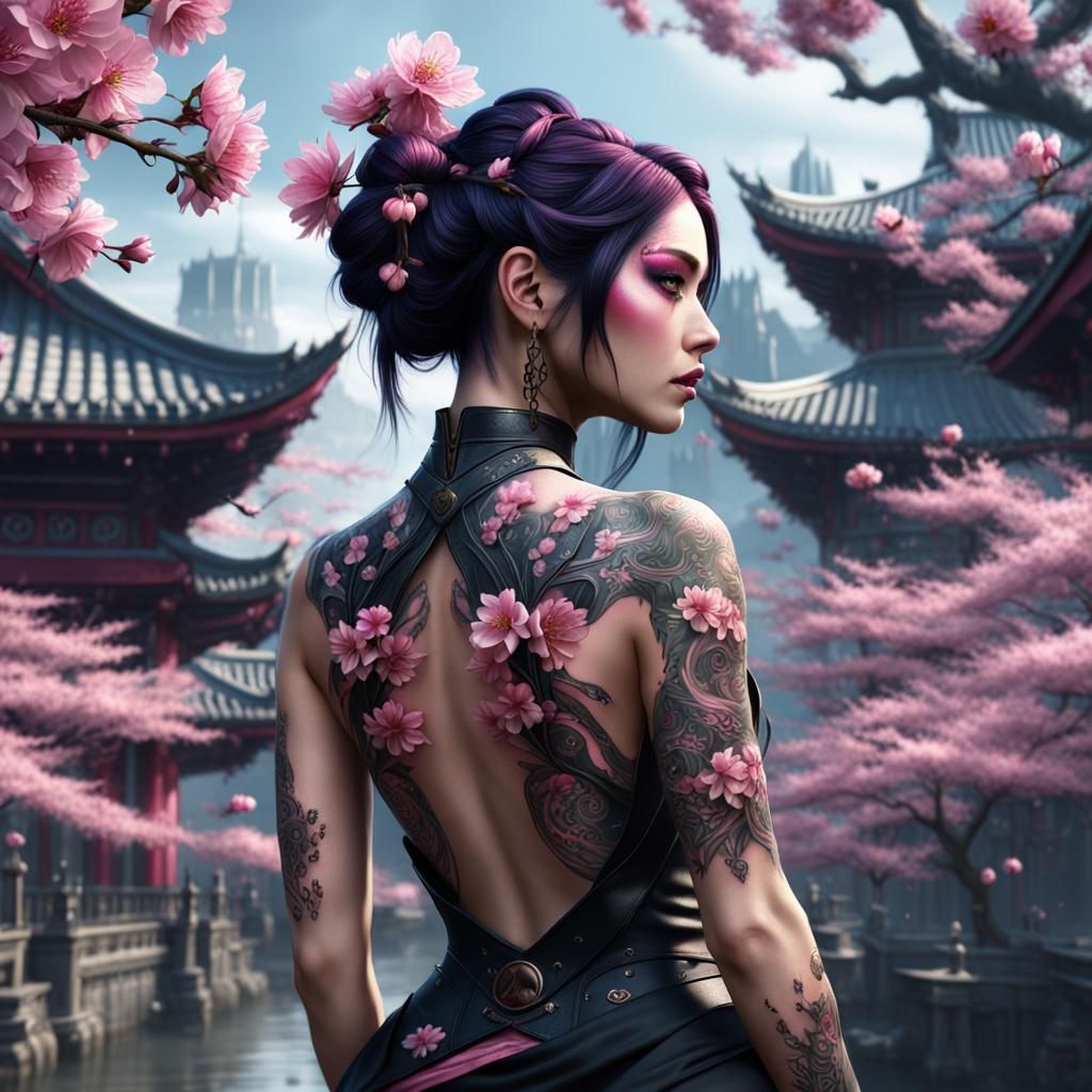 Gothic Girl with Cherry Blossom Tattoo, Detailed Matte Paint...