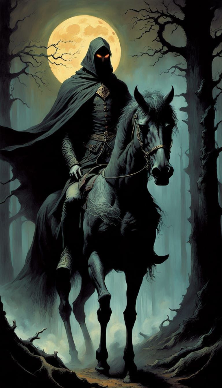 The Headless Horseman Rides Under Dark Moonlit Skies