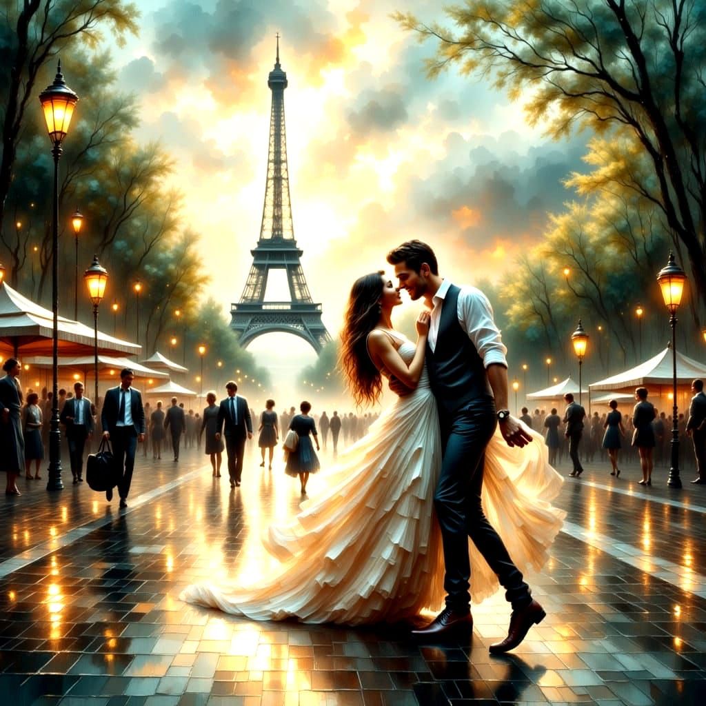 Eiffel Tower Dance in Antique Watercolor Style