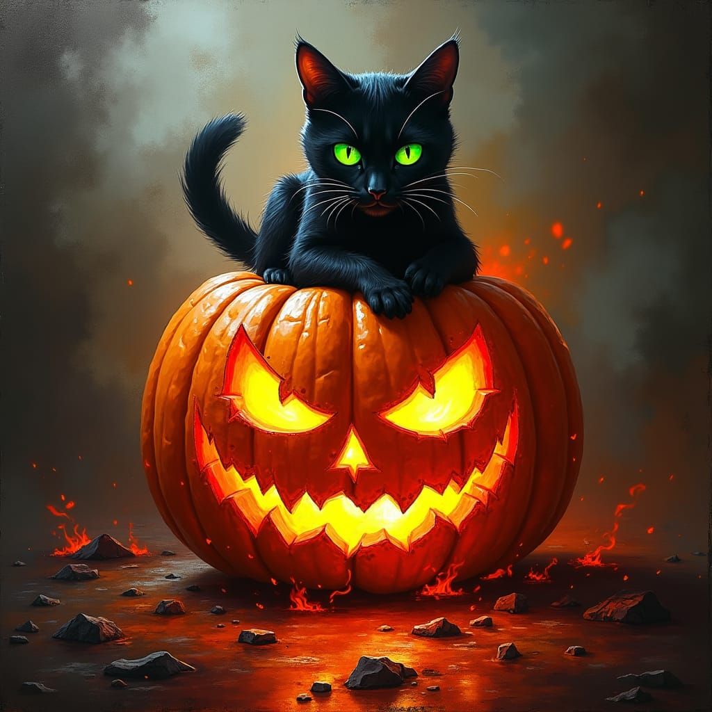 Sinister Jack-o-Lantern Graffiti Art with Black Cat