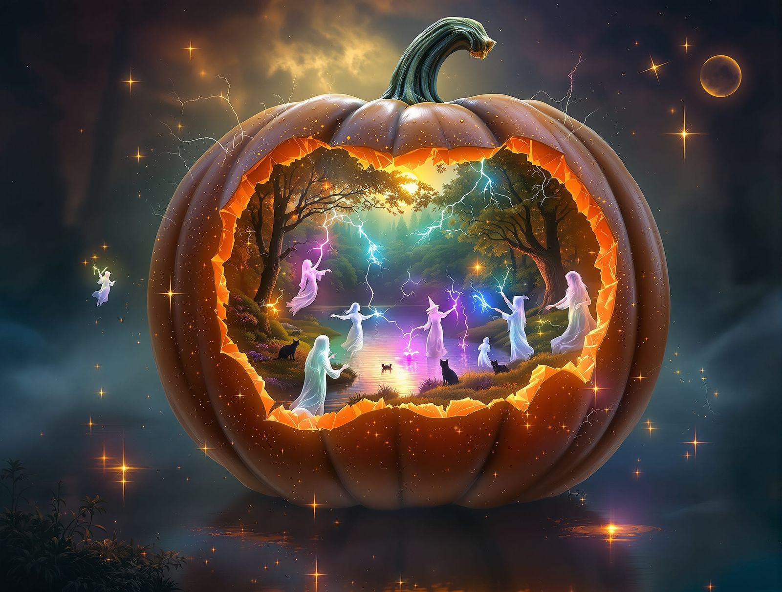 Magical Halloween Forest Inside Giant Pumpkin Under Full Moo...