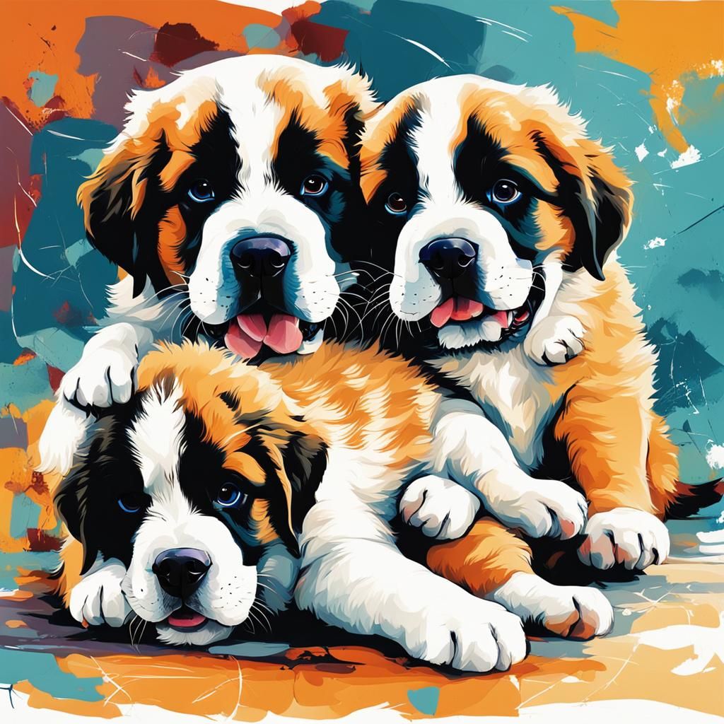 Happy St. Bernard Puppies Play With Kitten