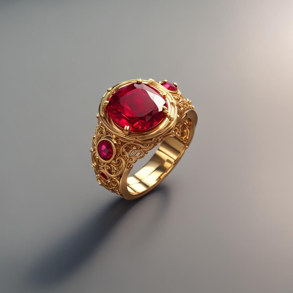 Minimalist Gold Ruby Ring in 3D Rendering