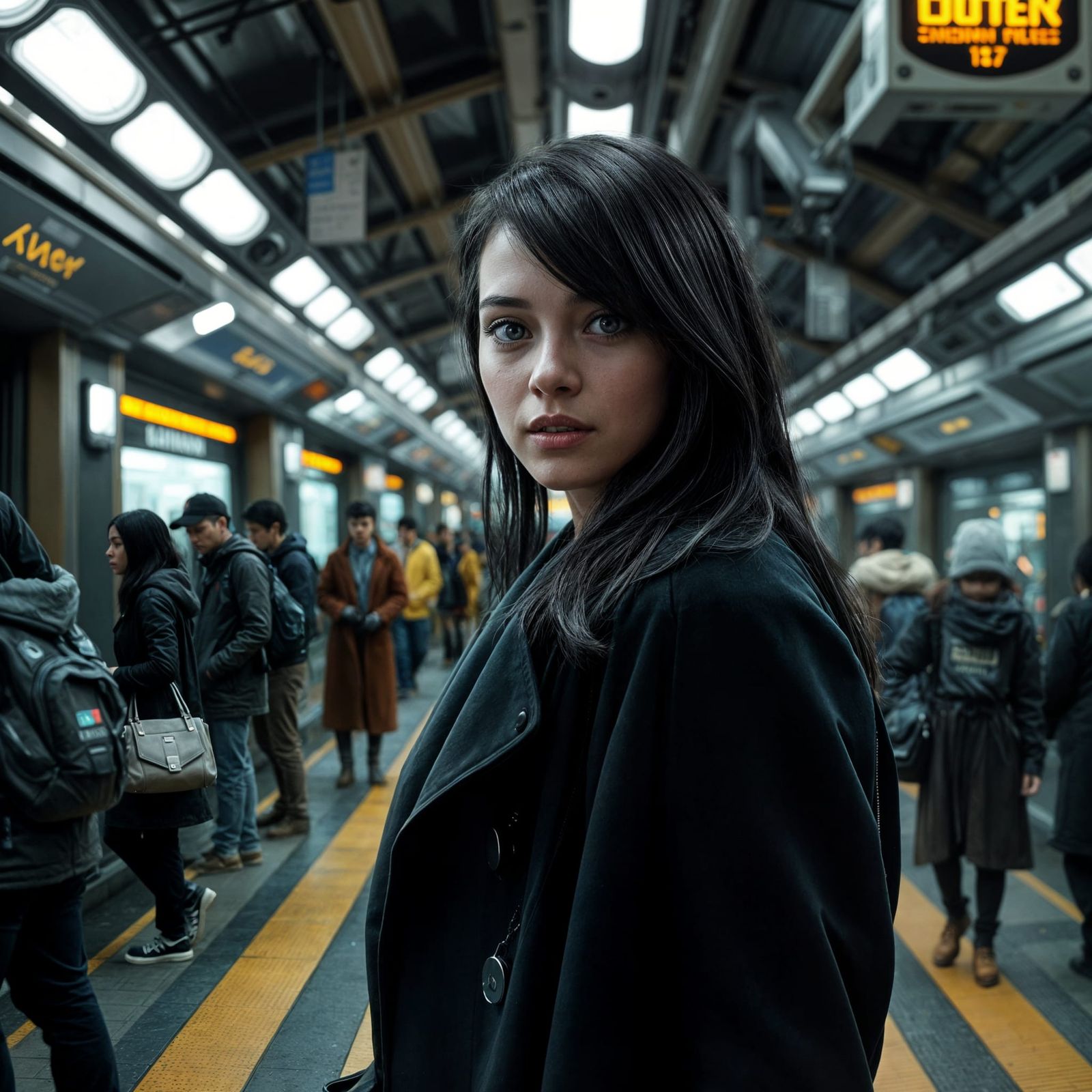 Cyberpunk Train Station Scene in Syd Mead Style