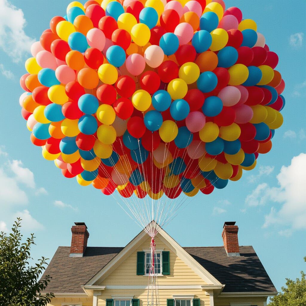 House Soaring with Balloons in Whimsical Style
