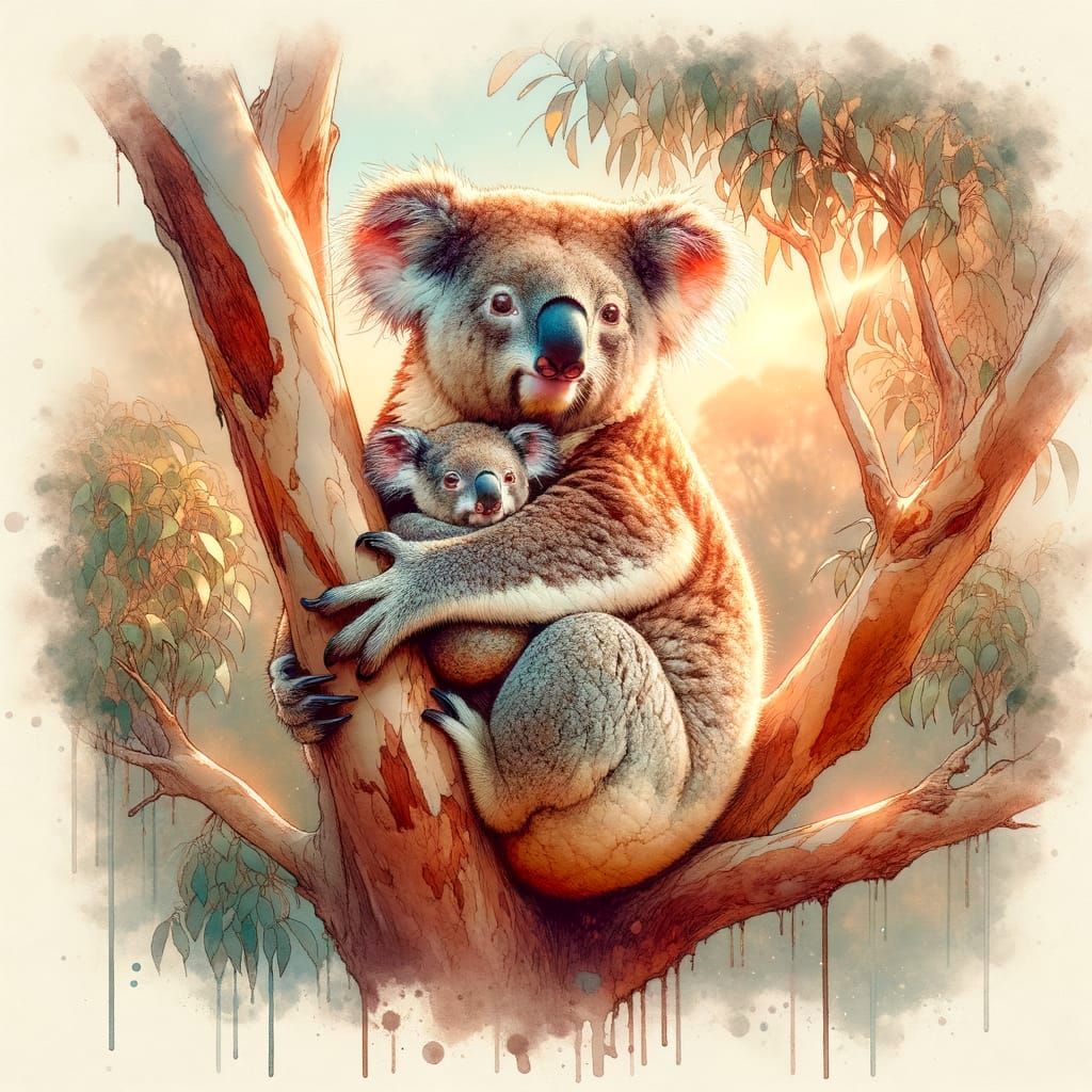 Warm Watercolour Koala Mother and Baby in Gum Tree
