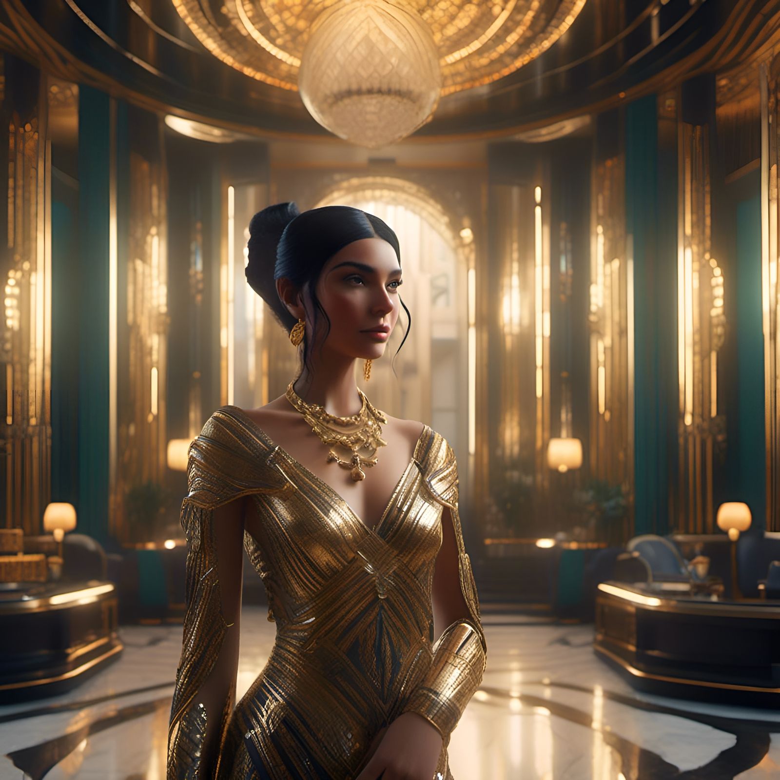 Art Deco Hotel Lobby with Woman in 3D Style