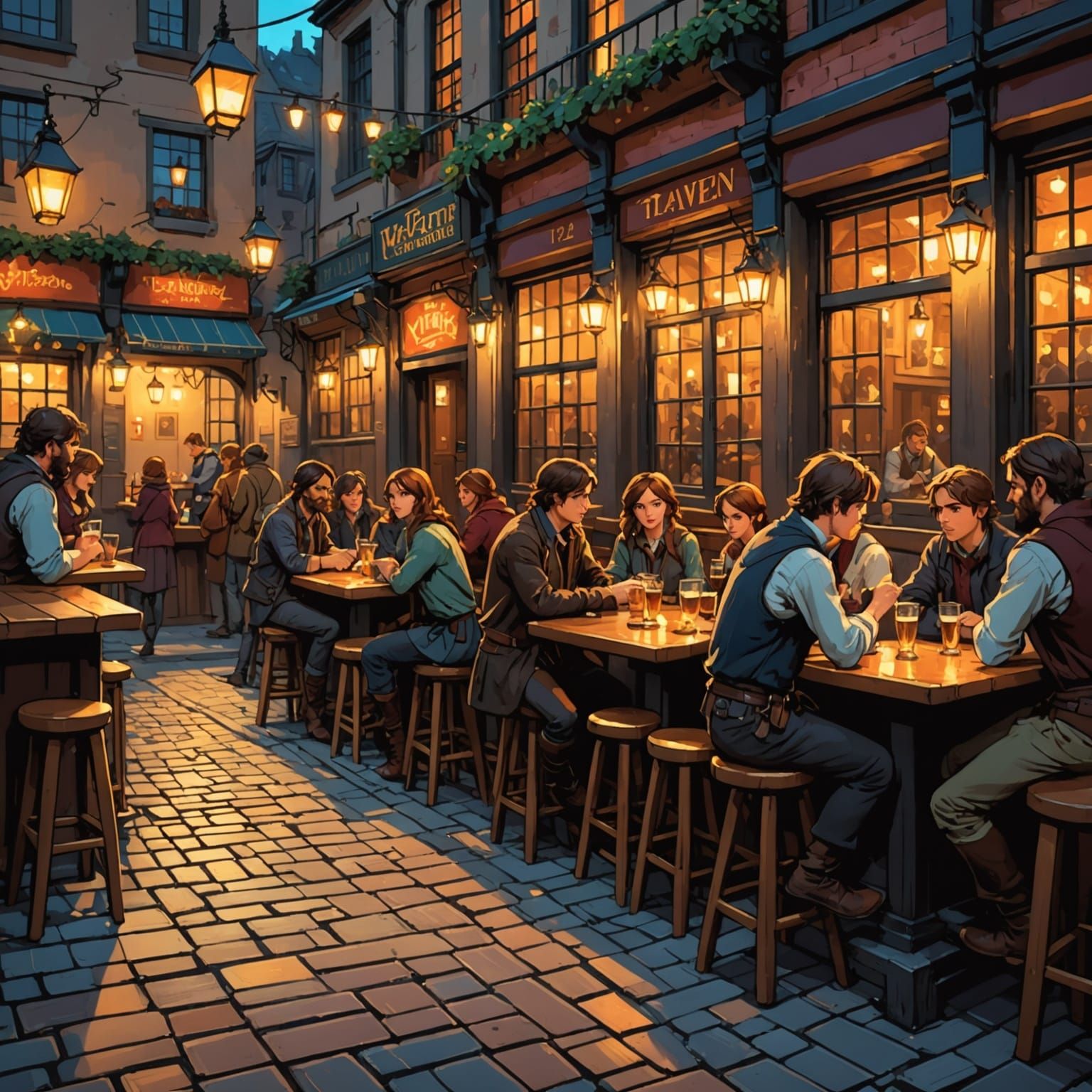 Sparkling Tavern Scene in Colorful Anime Style