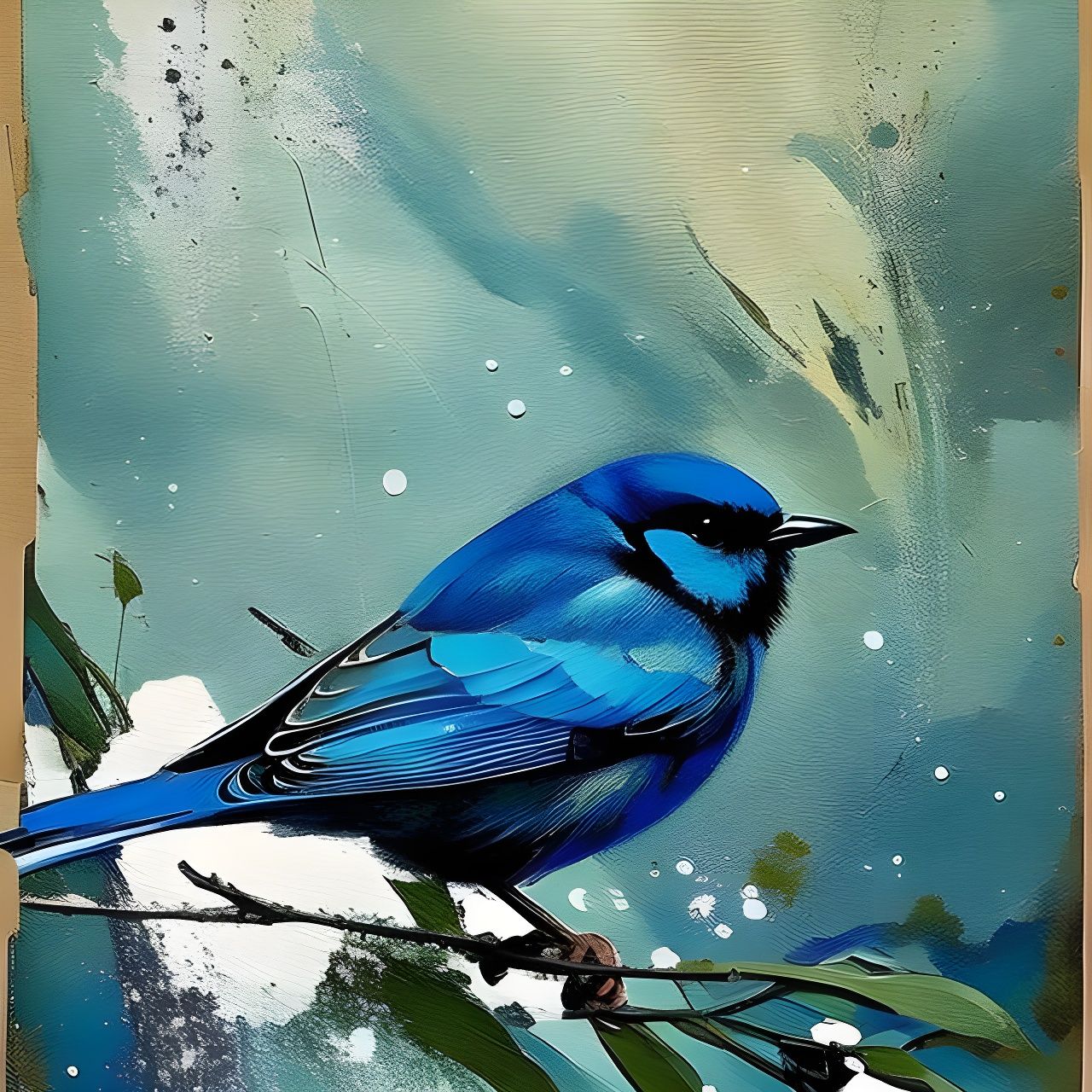 Blue Bird with Flowers in Oil Painting Style