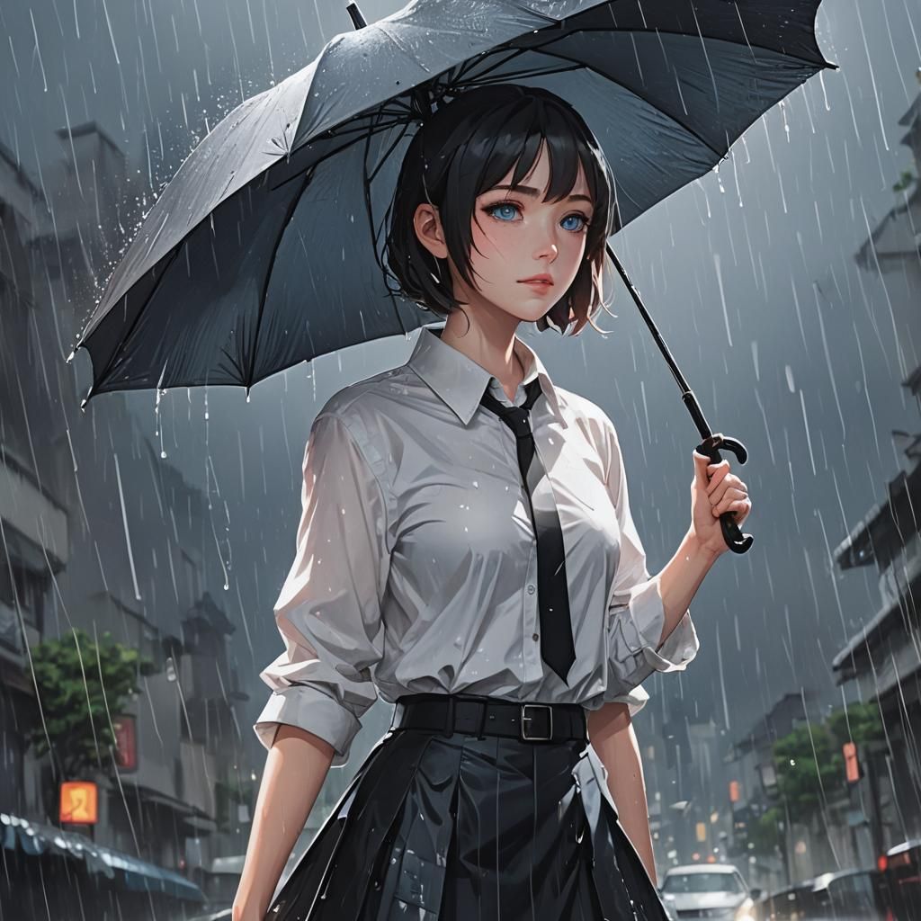 Anime Girl in Rain with Umbrella, Cel-Shaded Style