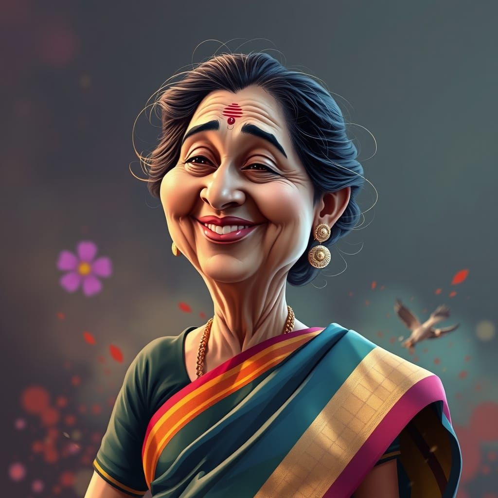 caricature with exaggerated style,  Union Finance Minister Nirmala Sitharaman wearing saree, laughing pose,  Hyperrealis...