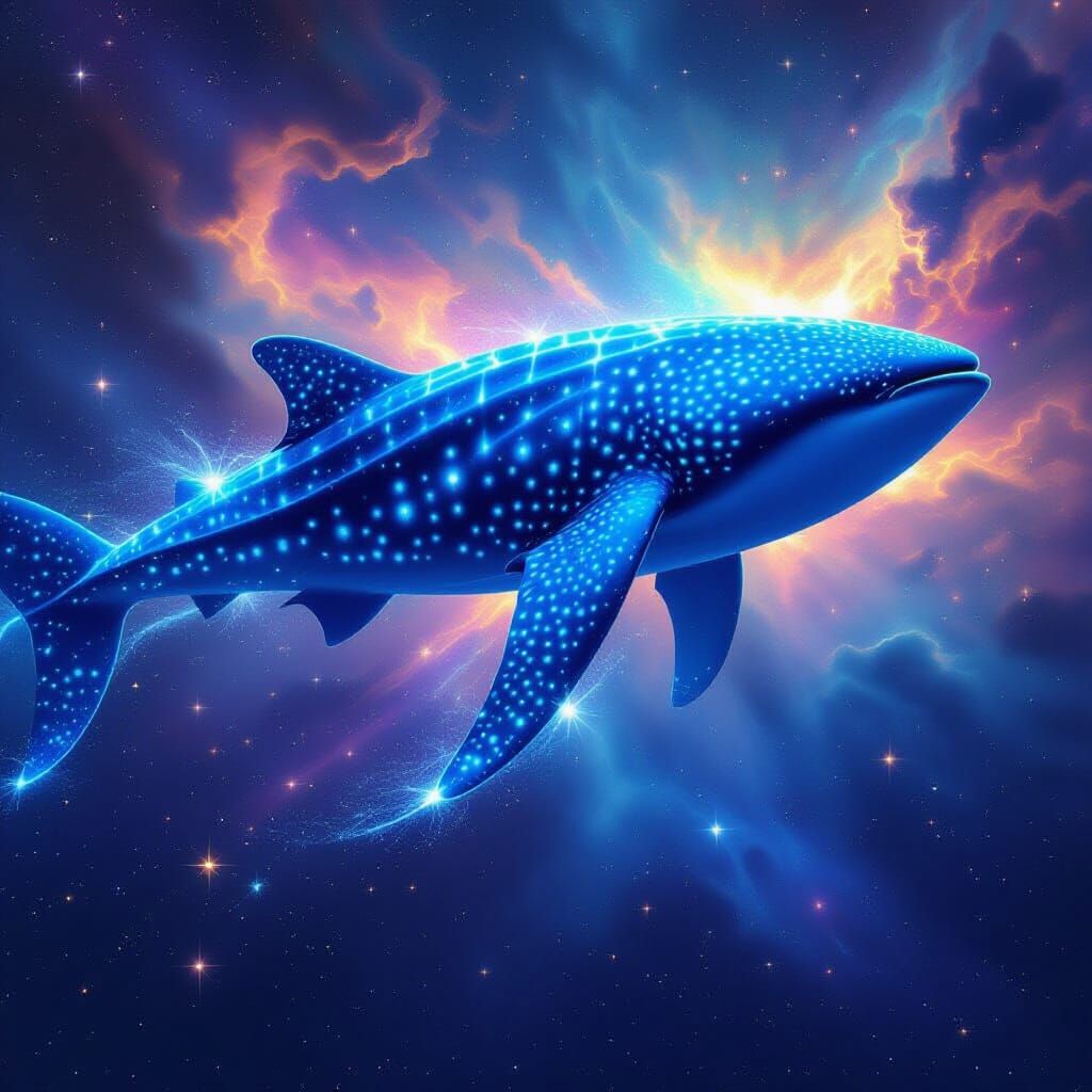 Ethereal Bioluminescent Whale Shark in Cosmic Sea