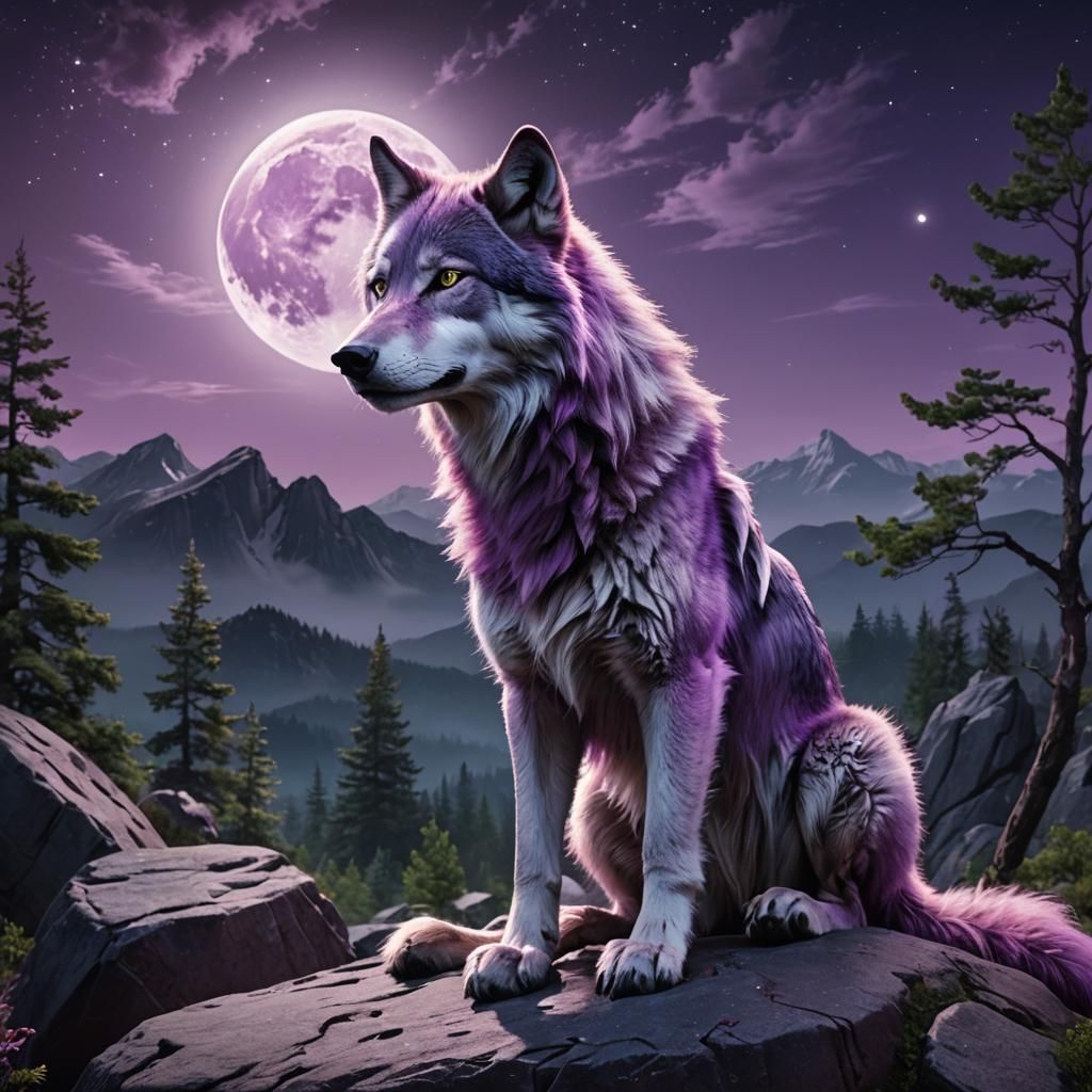 Purple Wolf in Moonlight: Fantasy Digital Painting