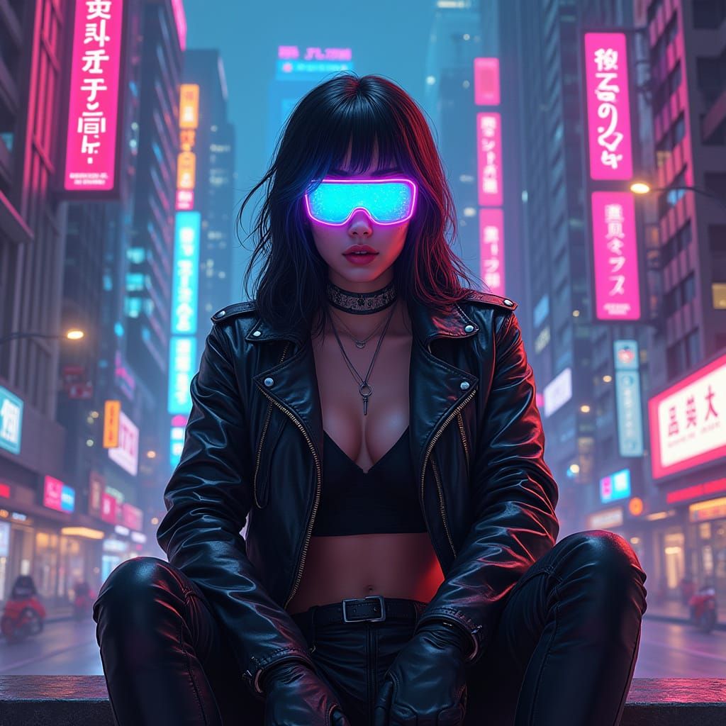 Cyberpunk Female Gamer in Neon-Lit Cityscape