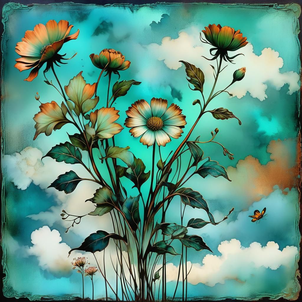 Blue and Green Patina Flower Design with Clouds