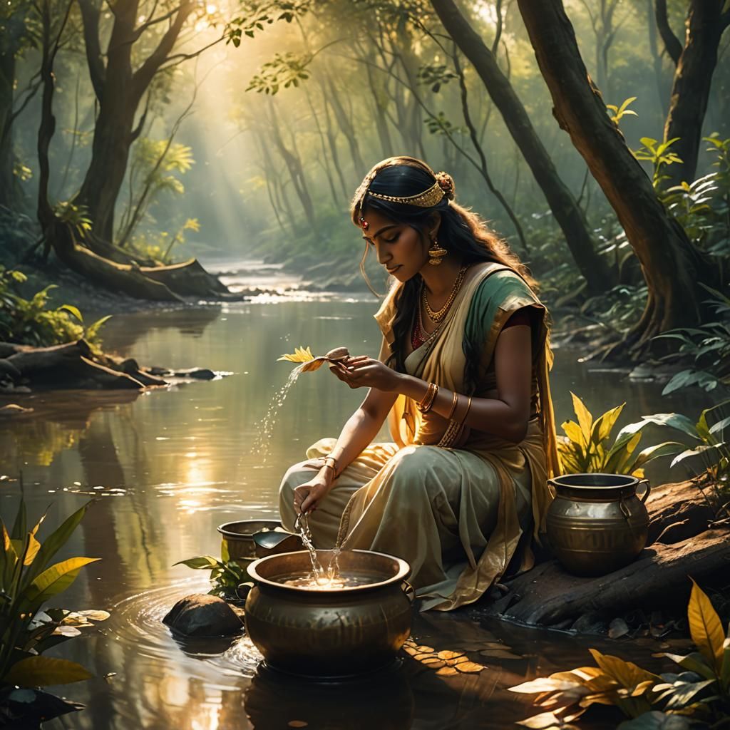 Mythical Woman in Forest, Watercolor Style