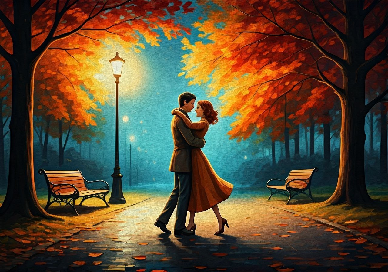 Couple Dancing in Autumn Park: Vintage Art Style