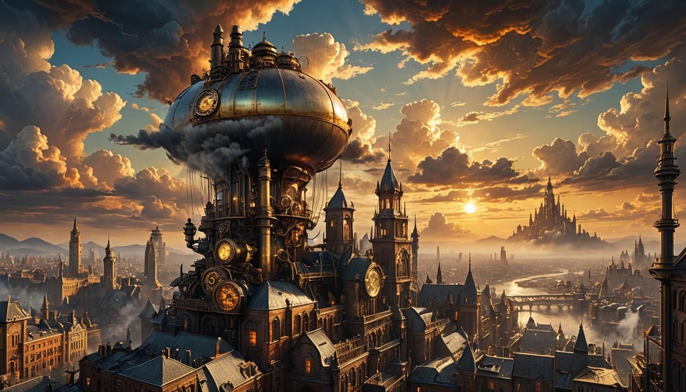 Dramatic Steampunk Cityscape at Golden Hour