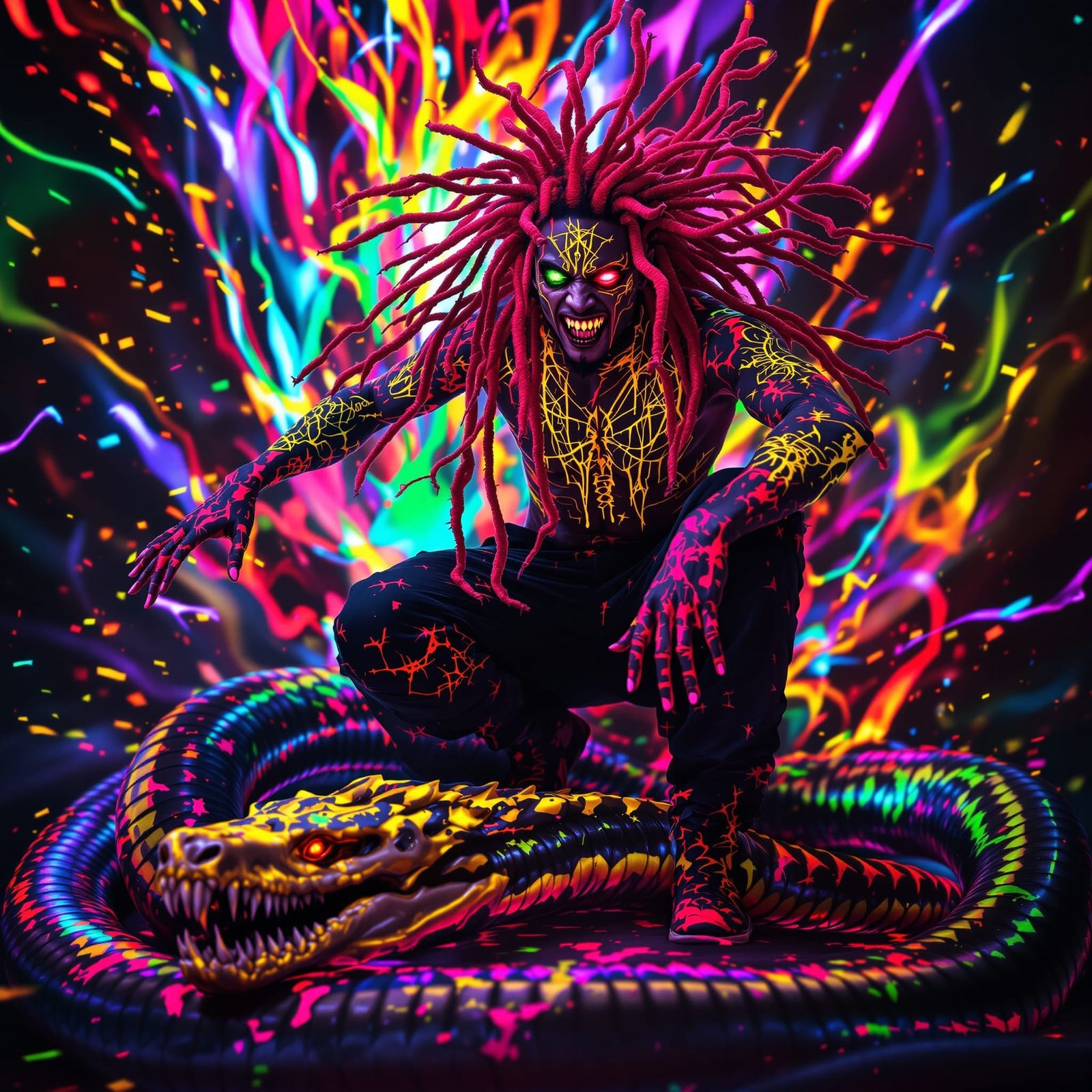 Impish Man with Neon Dreadlocks Over Serpent Skeleton