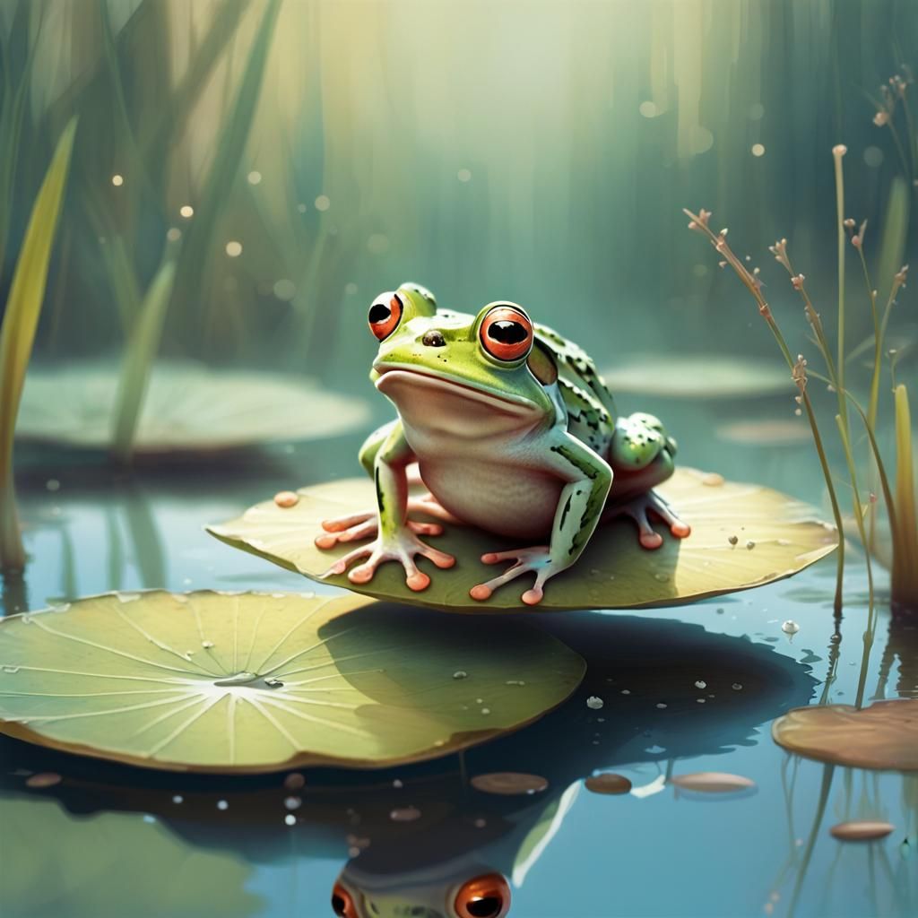 Cute Frog Leaps in Enchanted Marsh: Photoillustration