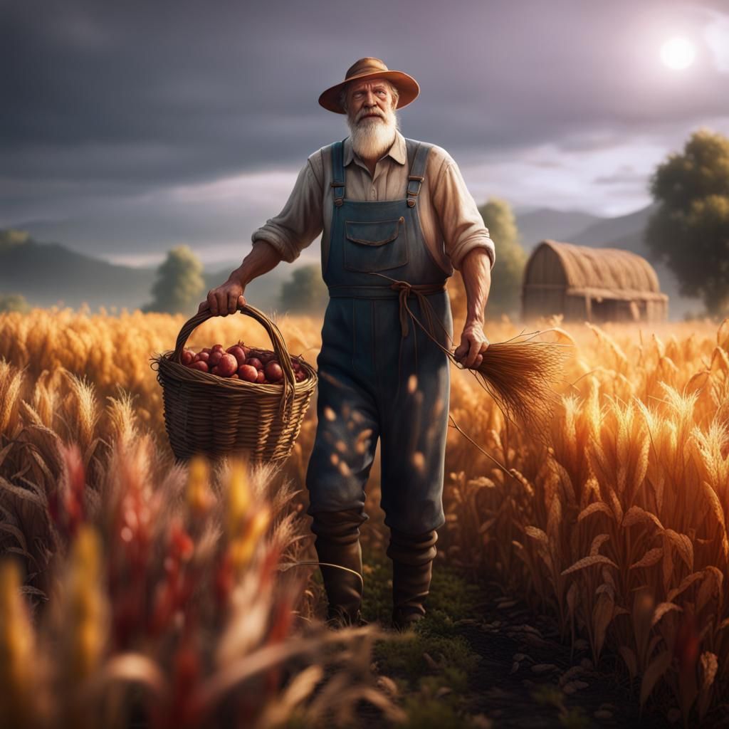 Old Farmer Harvesting Crops: Detailed Matte Painting