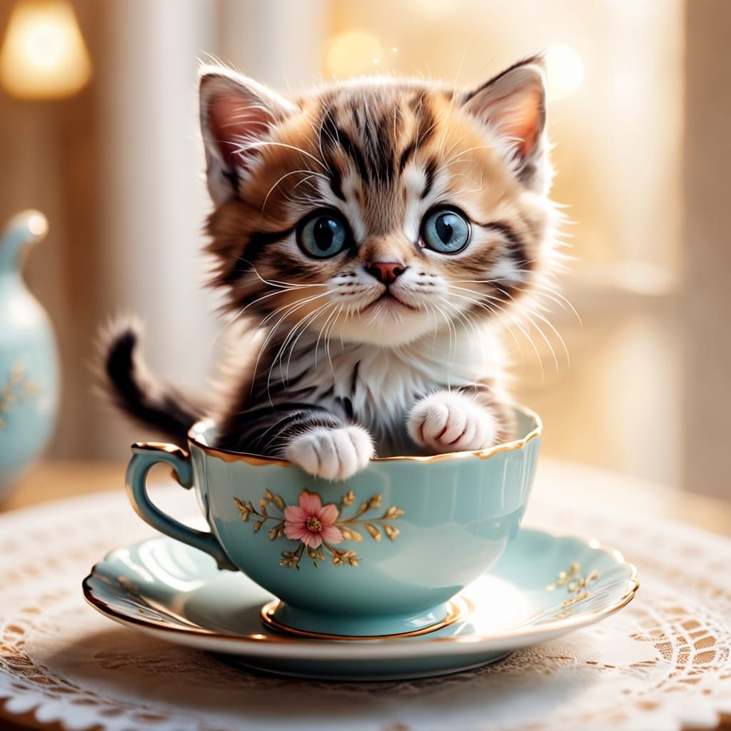 Whimsical Miniature Kitten Portrait in Pastel Colors