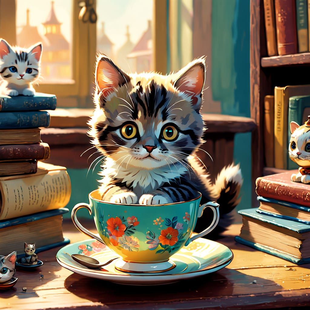 Fauvist Whimsy: Charming Kitten in Antique Teacup