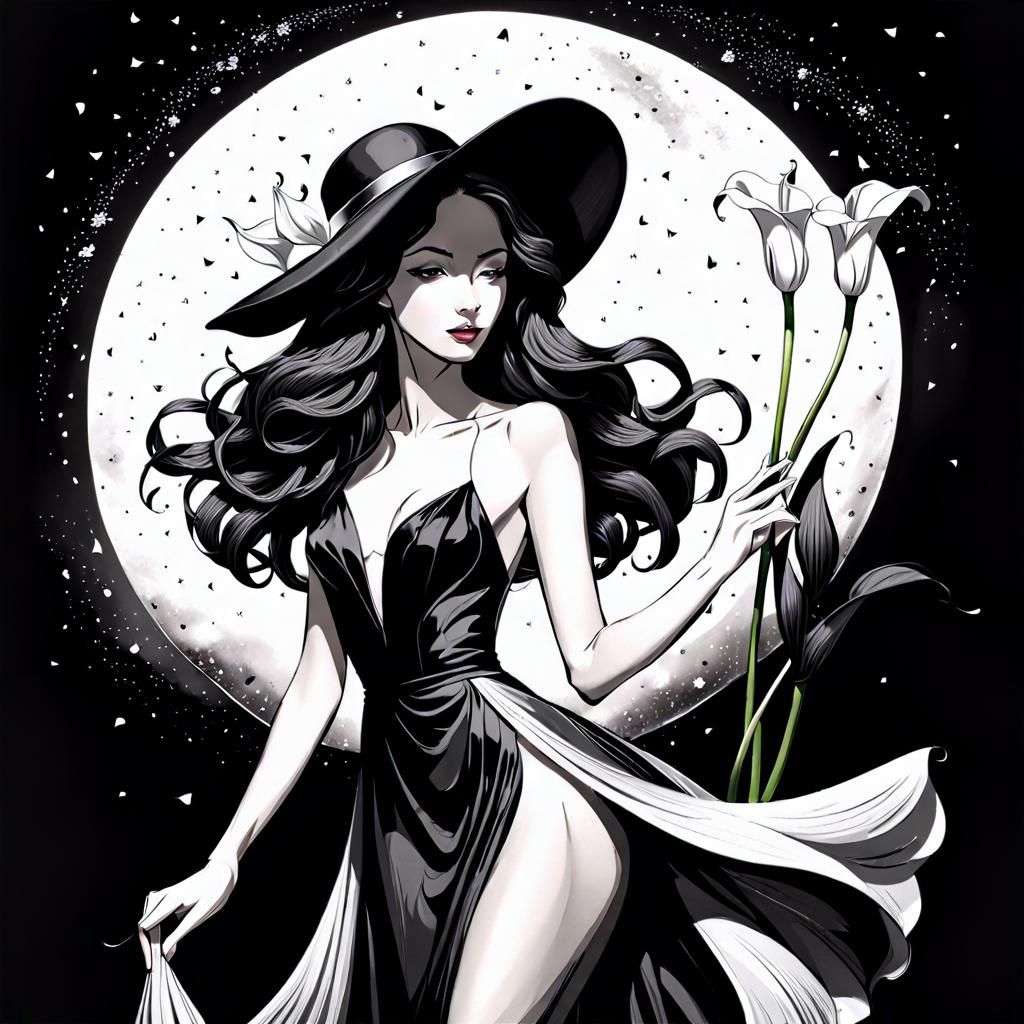 Elegant Woman with Dog and Kitten in Snowy Ink Drawing