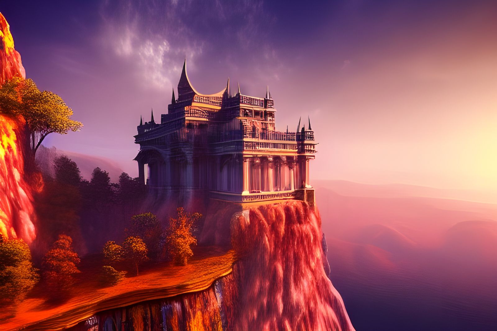 Majestic Palace Above Waterfall in Orange Sky