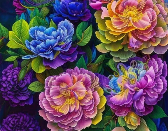 Iridescent Peonies and Flowing Leaves in Liquid Art