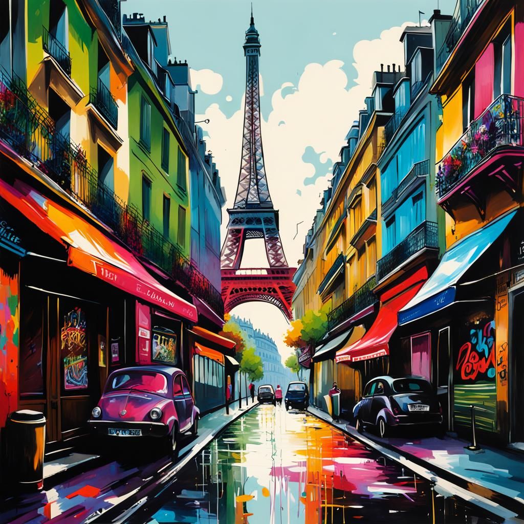 Colorful Paris Street View in Graffiti Art Style