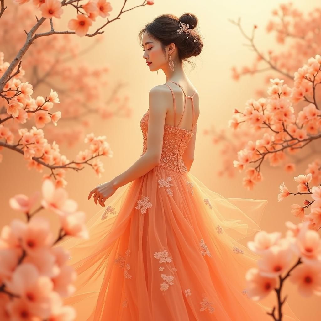 Elegant Asian Woman in Floral Gown, Alphonse Mucha Style