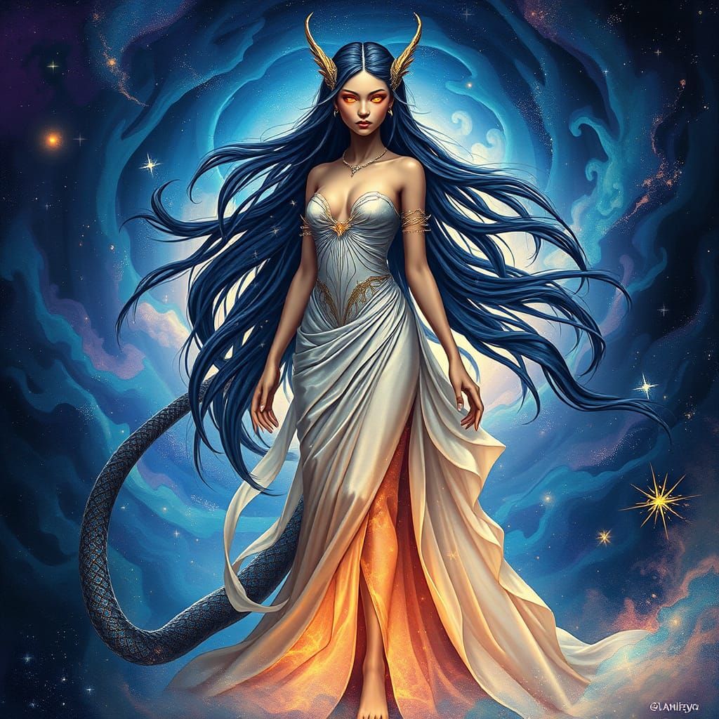 Enigmatic Cosmic Hybrid in Vibrant Holographic Style