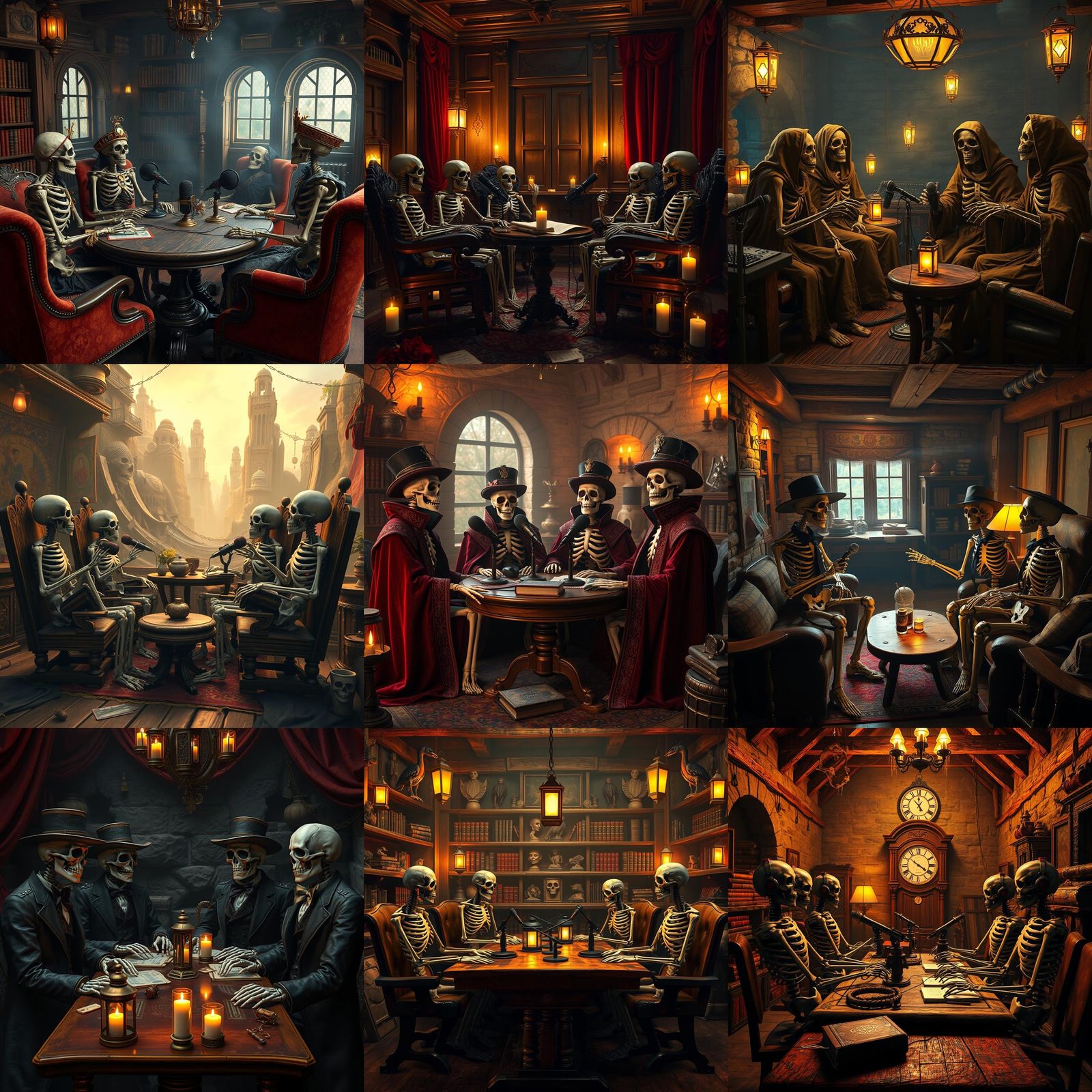 Skeletons Hosting a Podcast in Rustic Setting