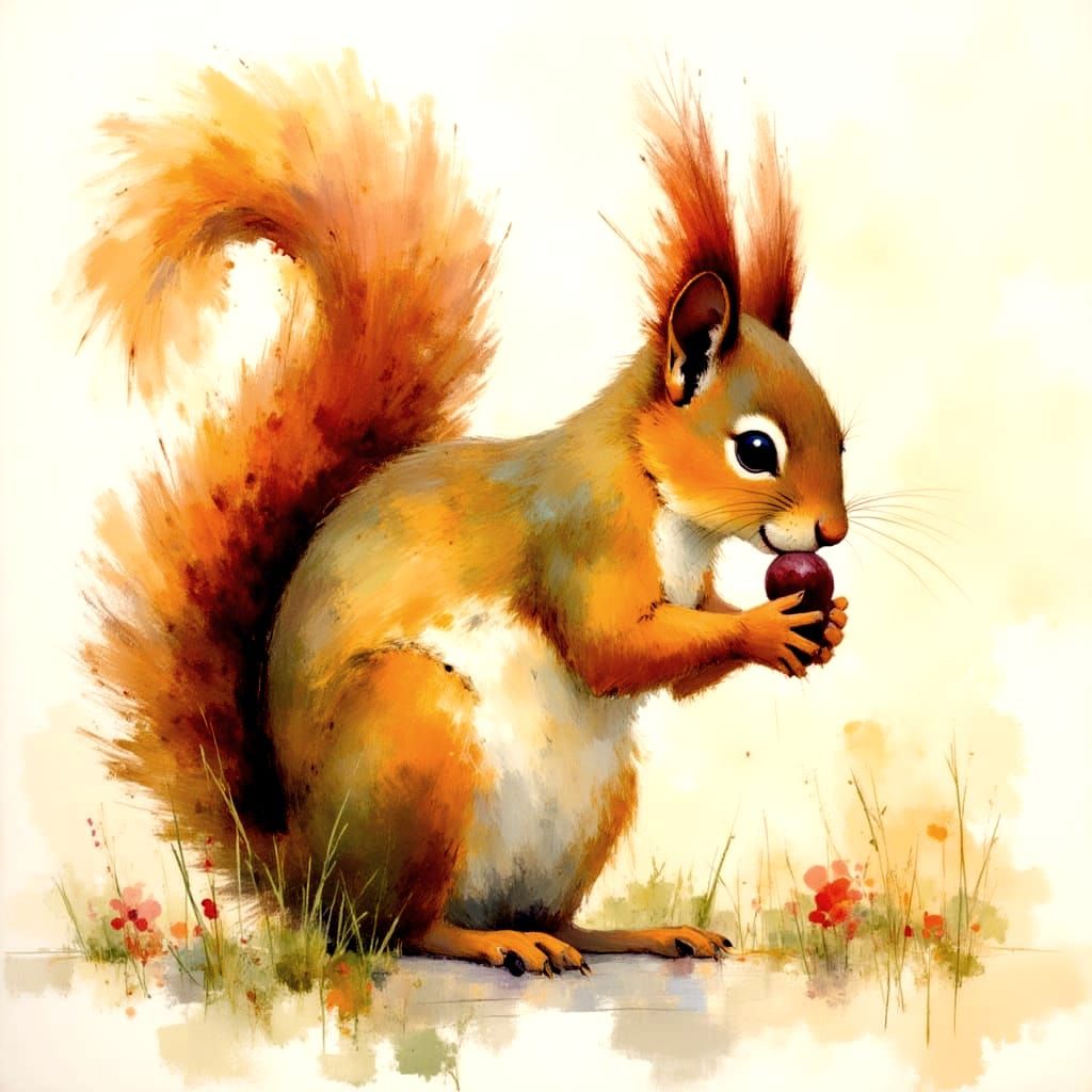 Squirrel in Watercolor Landscape
