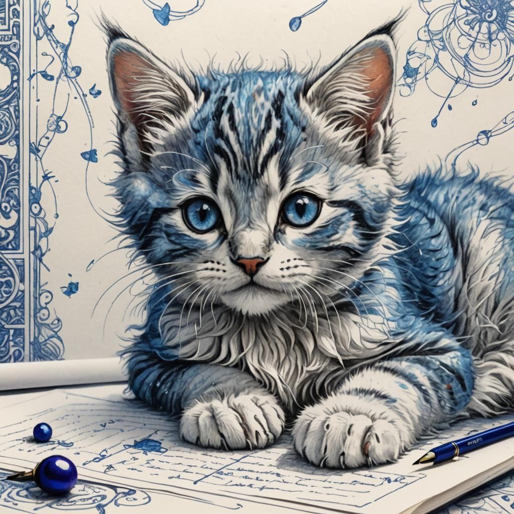 Curious Kitten Peeks Over Paper: Ballpoint Sketch