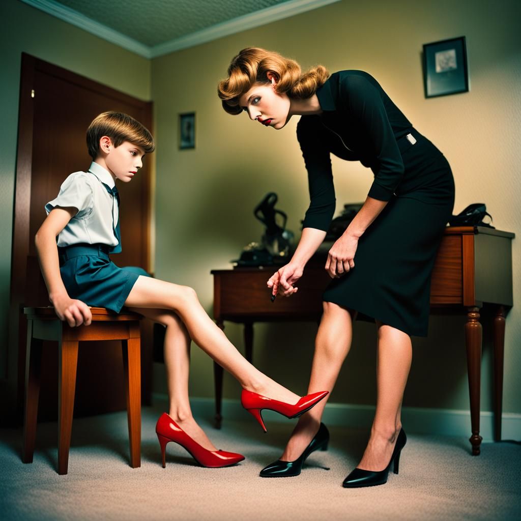 Mother Helping Son With Black High Heel Stilettos
