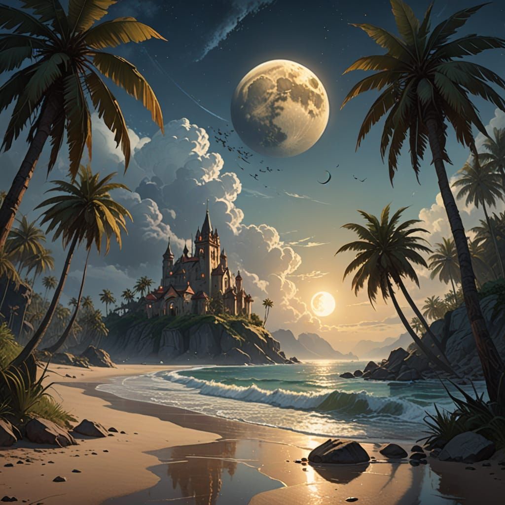 Moonlit Beach at Night: Hyperrealistic Digital Painting