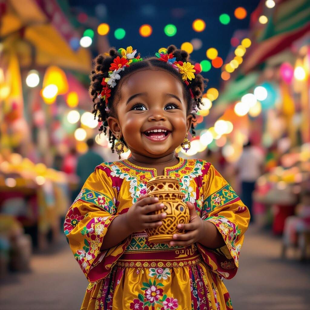 Joyful Girl in Festival Attire at Night Market