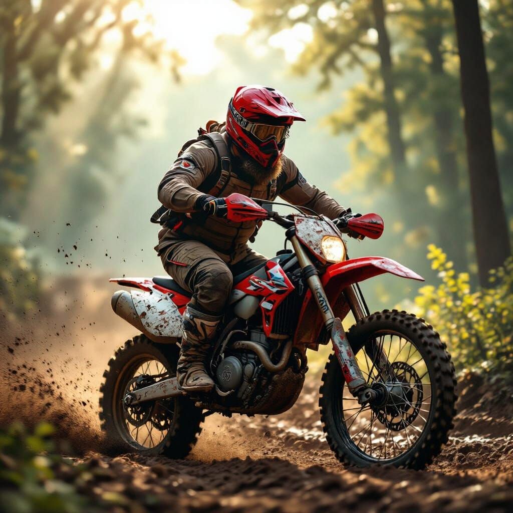 Bearded Man Rides Dirtbike in Dappled Sunlight